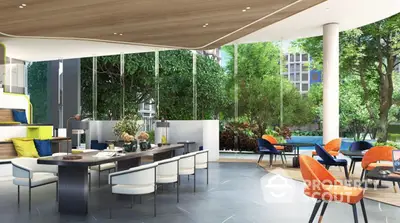 Modern open-concept living space with stylish furniture and lush garden view.