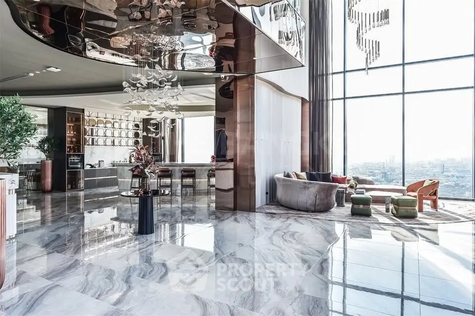 Luxurious modern living room with panoramic city views and elegant decor