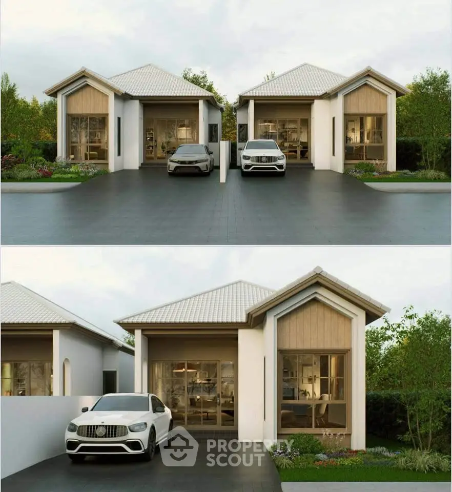 Modern duplex with sleek design and spacious driveway