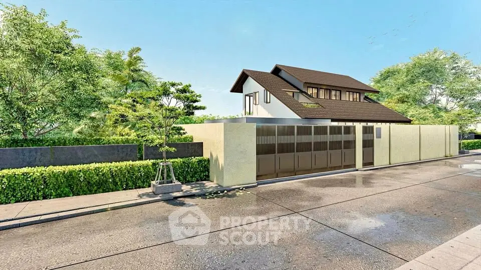 Modern house exterior with lush greenery and sleek design on a sunny day.