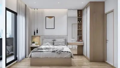 Modern bedroom with sleek design and natural light