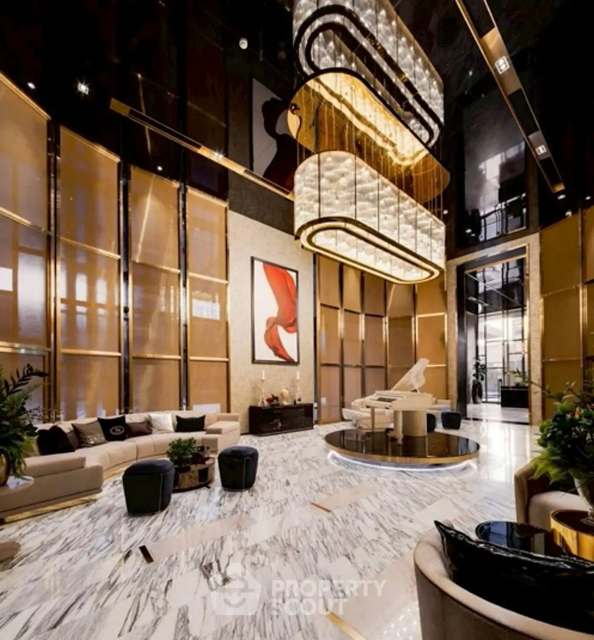 Luxurious living room with high ceilings and elegant decor