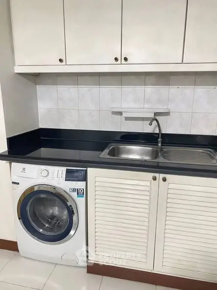 Modern kitchen with built-in washing machine and sleek cabinetry