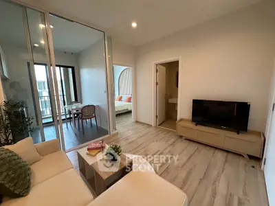 Modern living room with wooden flooring and balcony view
