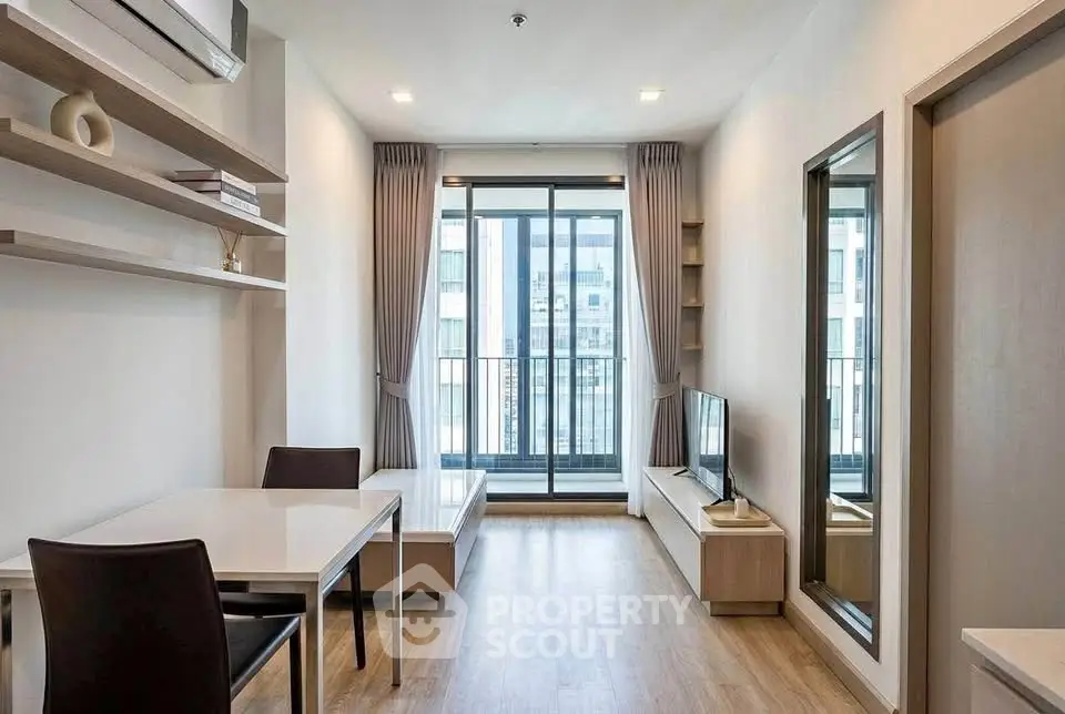 Modern living room with balcony view in a stylish apartment