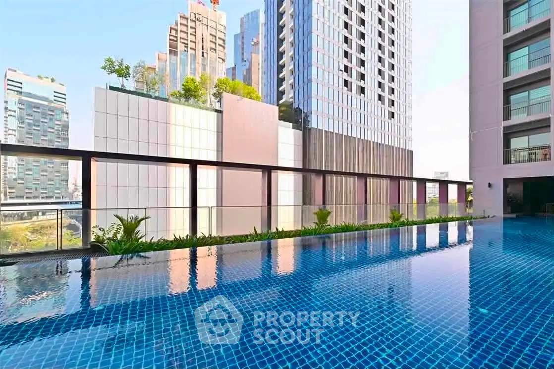 Luxurious rooftop pool with stunning cityscape views in modern high-rise building.