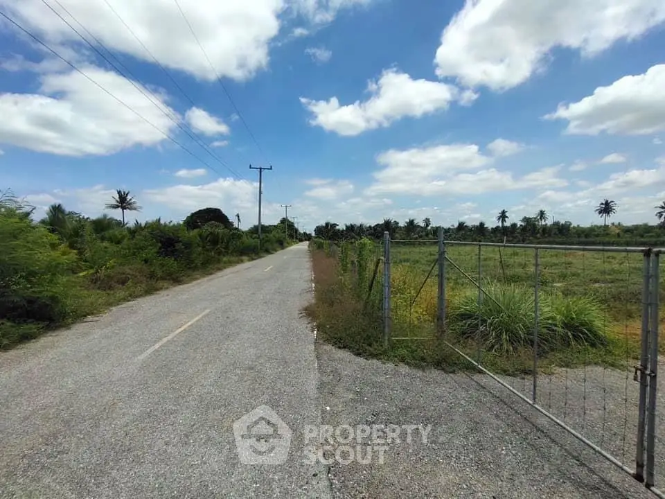 Scenic rural road with lush greenery and open fields under a bright blue sky.