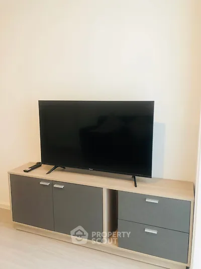 Modern living room with sleek TV stand and flat-screen television