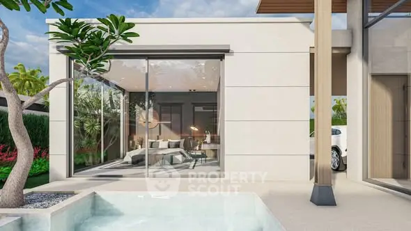 Modern luxury home exterior with pool and sleek design