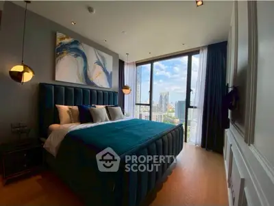 Luxurious bedroom with stunning city view and modern decor