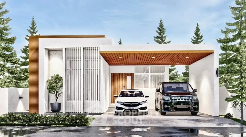 Modern single-story house with sleek design and spacious carport in a serene wooded setting.