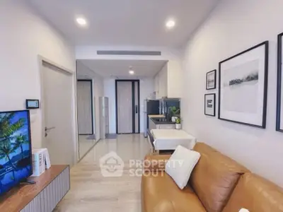 Modern living room with cozy leather sofa and stylish decor