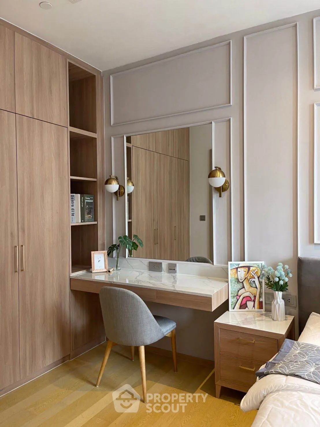 Elegant bedroom with modern vanity and stylish decor