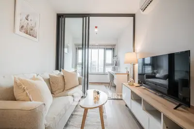 Modern living room with cozy sofa, stylish decor, and natural light from large windows.