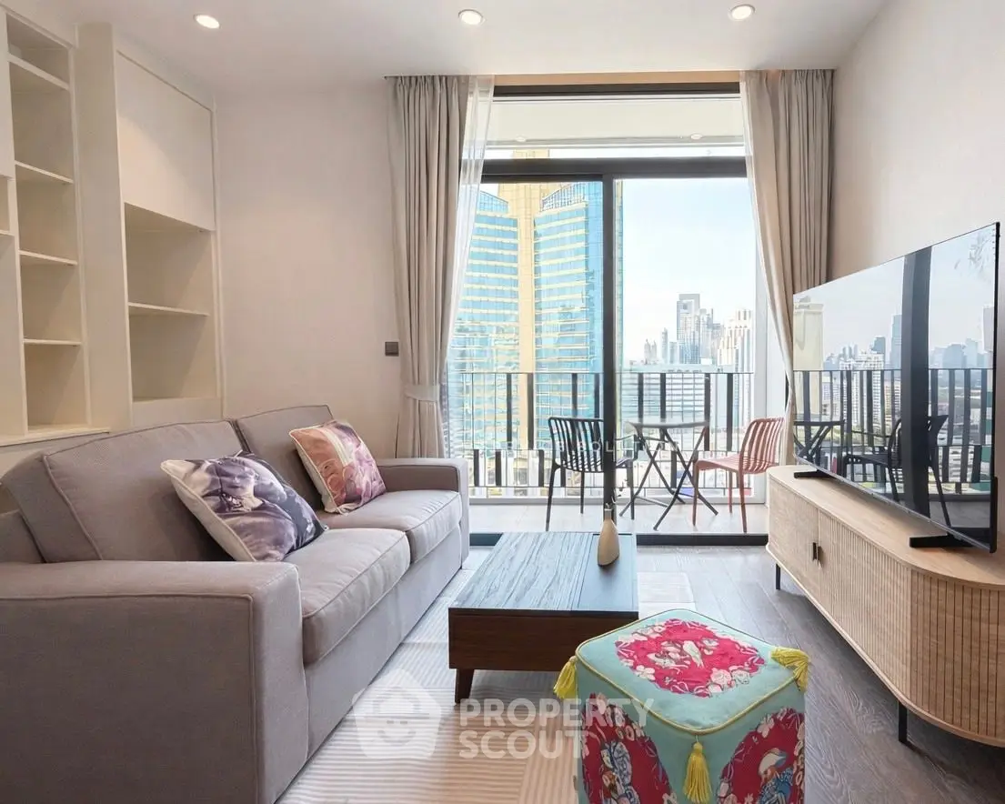 Modern living room with city view, stylish decor, and balcony access in urban apartment.