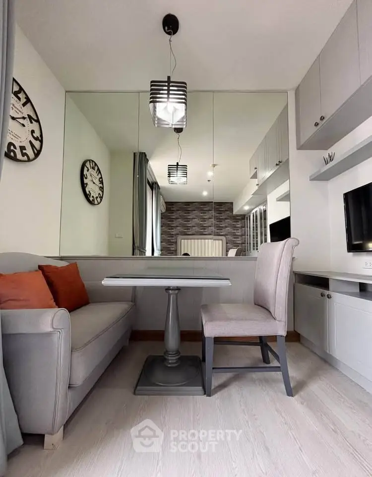 Modern living room with stylish decor and cozy seating area