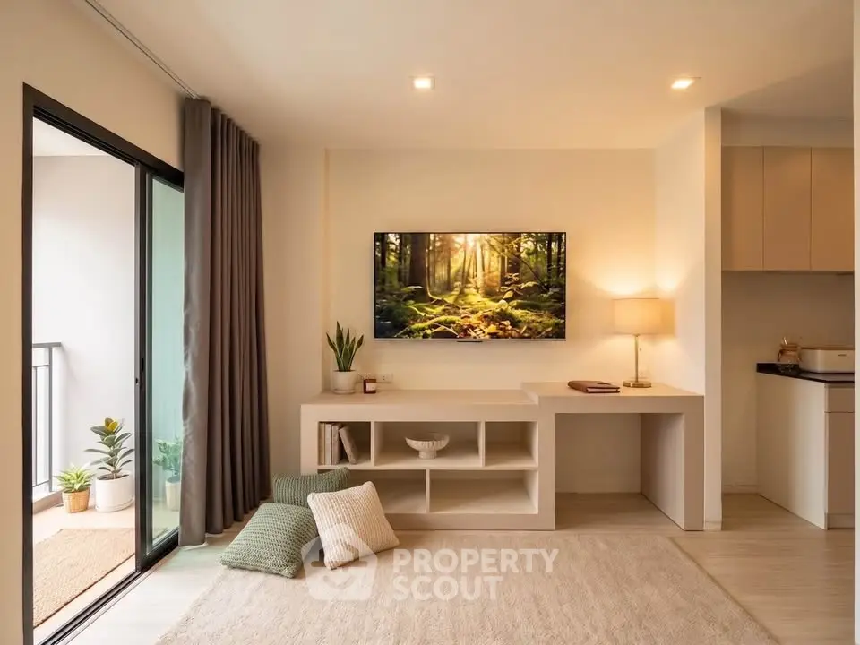 Modern living room with balcony access, stylish decor, and natural light.