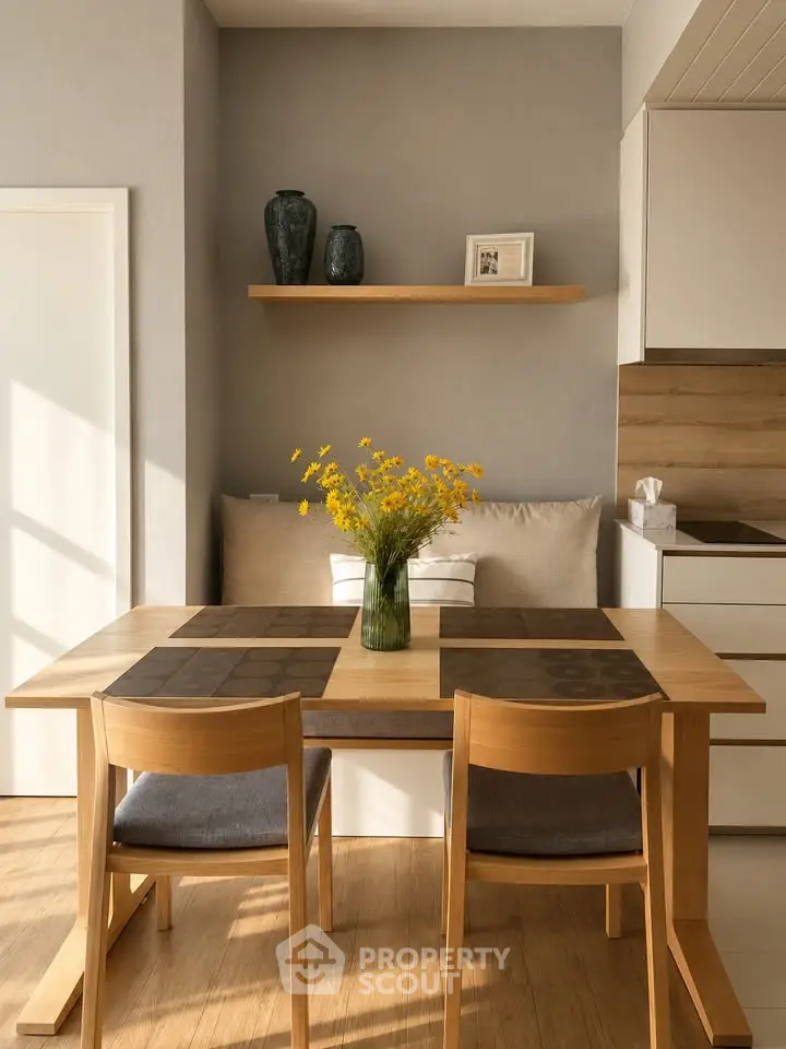 Charming dining area with wooden table, cozy seating, and elegant decor in a modern kitchen setting.