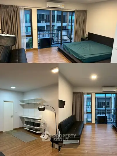 Modern studio apartment with balcony and stylish furnishings