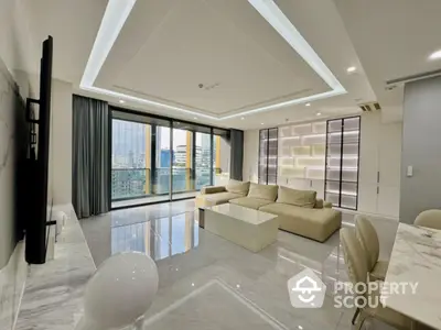 Luxurious modern living room with marble flooring and city view balcony