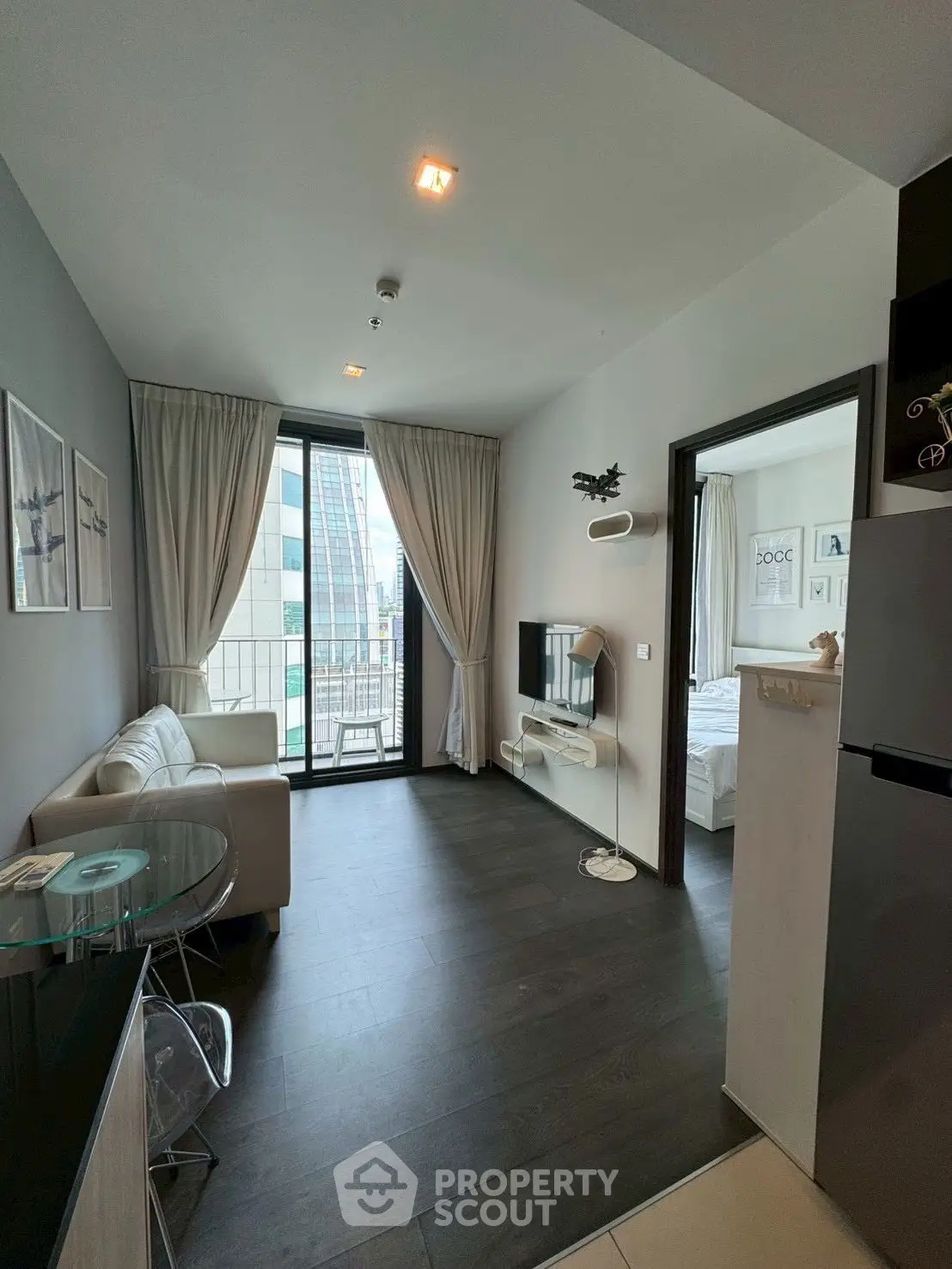 Modern living room with balcony view in a stylish apartment