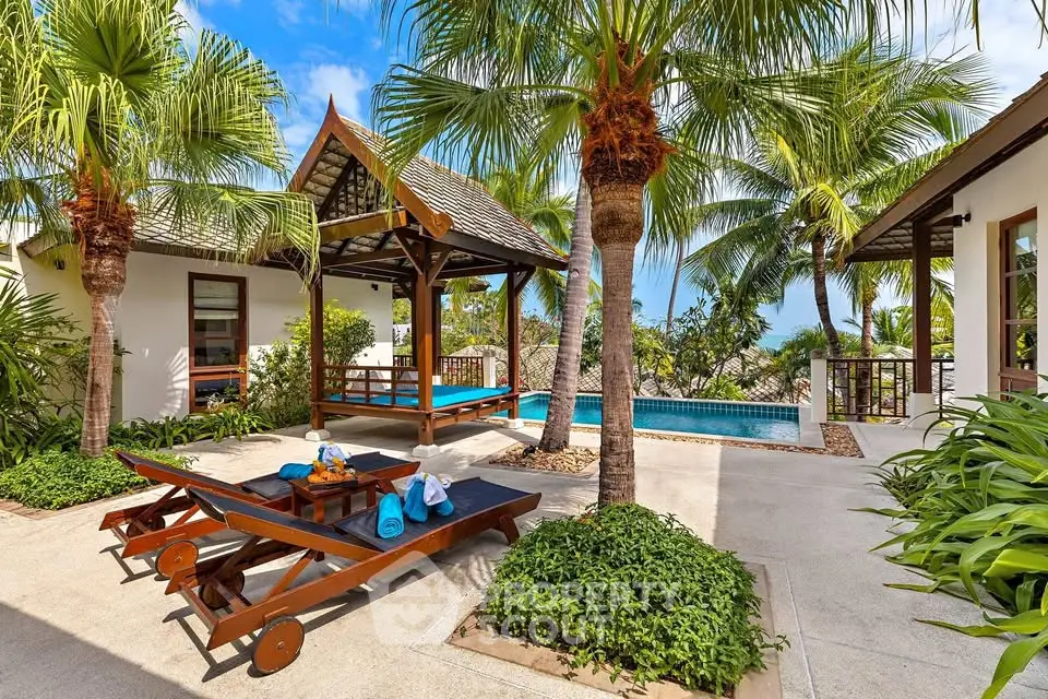 Luxurious tropical villa with private pool and lush garden, perfect for relaxation and leisure.