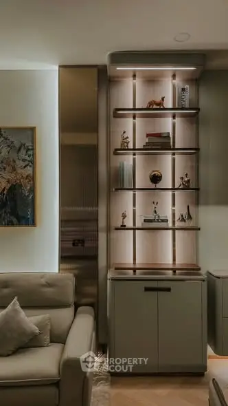 Stylish living room with elegant shelving and cozy sofa