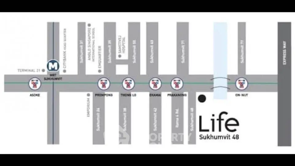 Map showing Life Sukhumvit 48 location near public transport and main roads.