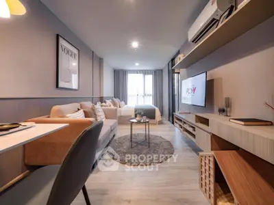 Modern living room with stylish decor and open layout, featuring cozy seating and sleek furniture.