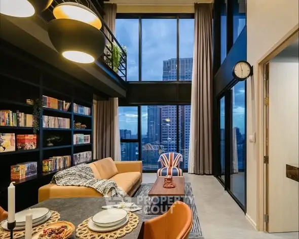 Luxurious modern living room with high ceilings and city view