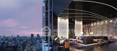 Luxurious high-rise living room with stunning city skyline view at dusk