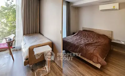 Modern bedroom with large window and air conditioning, featuring a cozy bed and stylish decor.