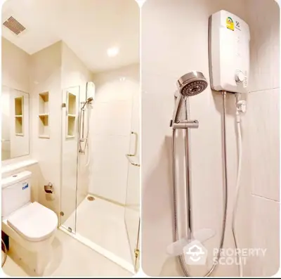 Pristine white bathroom with glass shower enclosure and modern water heater, featuring sleek fixtures and a well-lit ambiance.