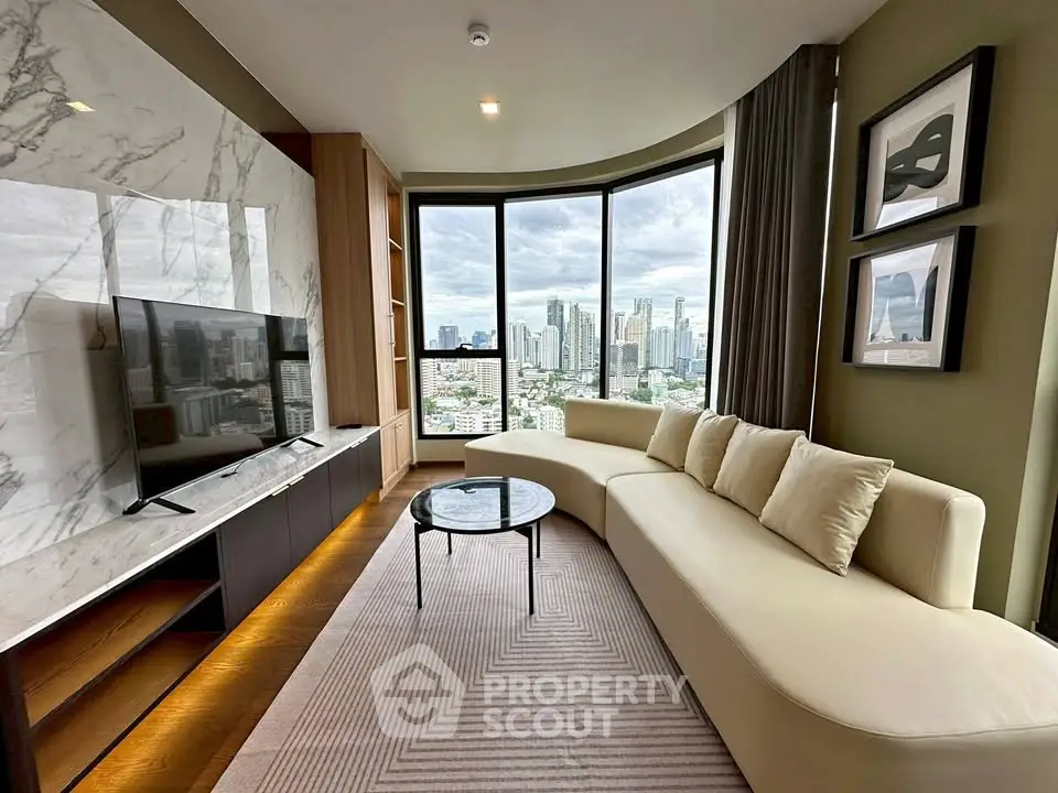 Luxurious living room with panoramic city view and elegant marble accents