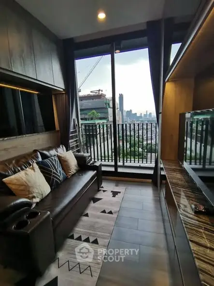 Modern living room with city view and stylish decor