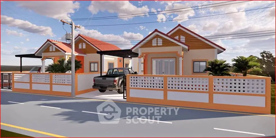 Charming suburban homes with red roofs and modern design, featuring a driveway and lush landscaping.