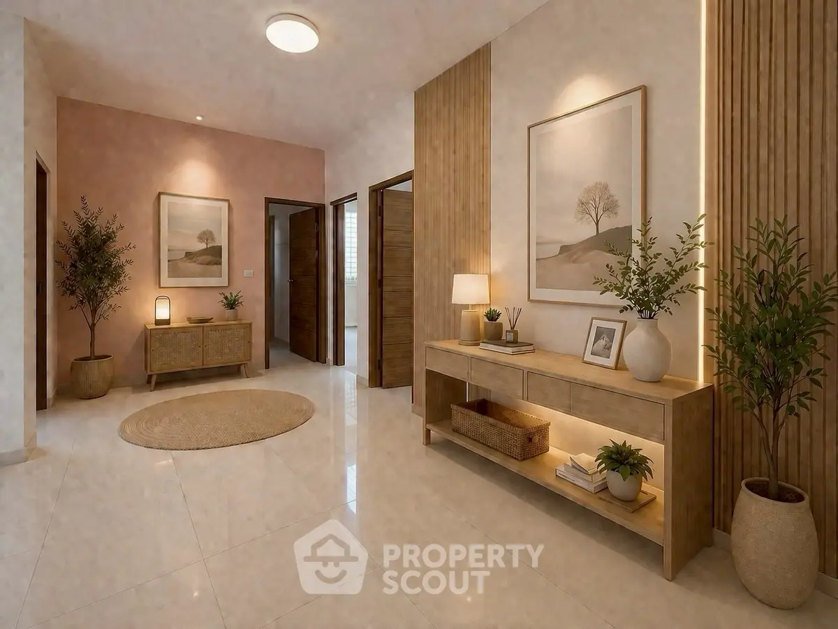 Elegant modern hallway with stylish decor and warm lighting, featuring wooden furniture and potted plants.