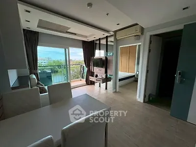 Modern living room with balcony view in stylish apartment