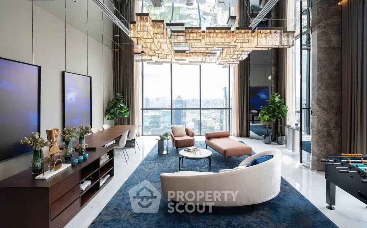 Luxurious modern living room with panoramic city view and elegant decor