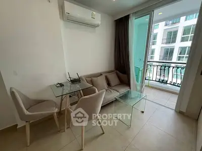 Modern living room with balcony view in contemporary apartment