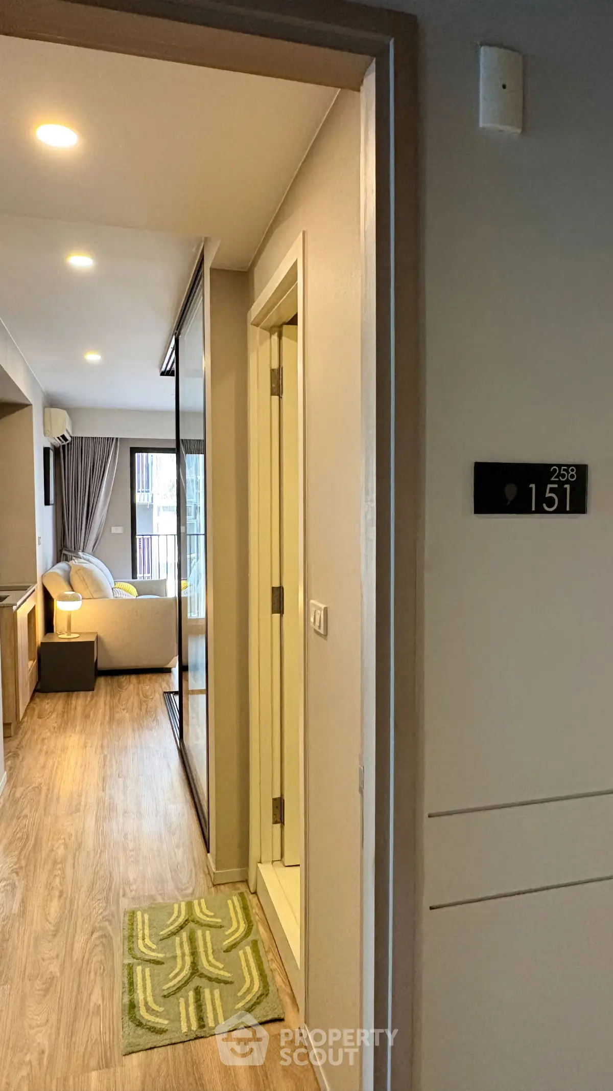 Modern apartment hallway leading to a cozy living room with stylish decor and natural light.