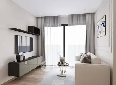 Modern living room with sleek furniture and large window for natural light.