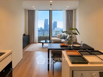 Modern open-plan living room with city view, featuring stylish furniture and elegant decor.