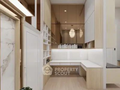 Modern study room with sleek wooden cabinetry and elegant chandelier lighting