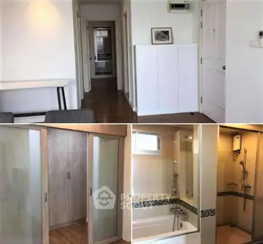 Spacious apartment hallway and modern bathroom with bathtub and shower