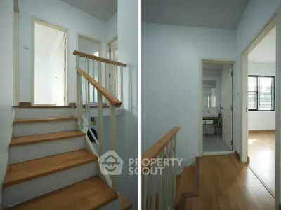 Spacious hallway with wooden stairs and natural light in modern home