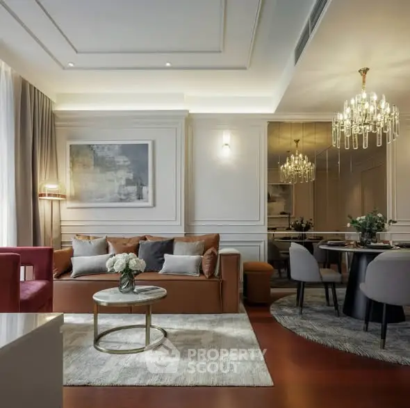 Luxurious living room with elegant decor, plush seating, and ambient lighting for a sophisticated ambiance.