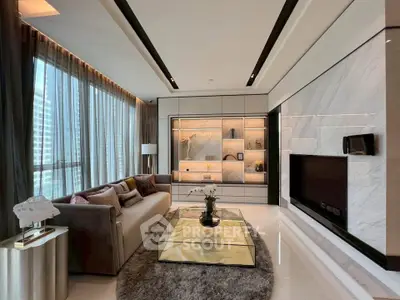 Luxurious modern living room with elegant decor and large windows offering stunning city views.