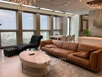 Luxurious modern living room with panoramic city view and elegant furnishings