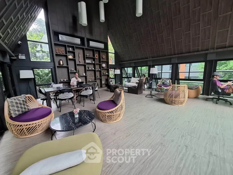 Spacious modern living room with unique design and stylish furniture